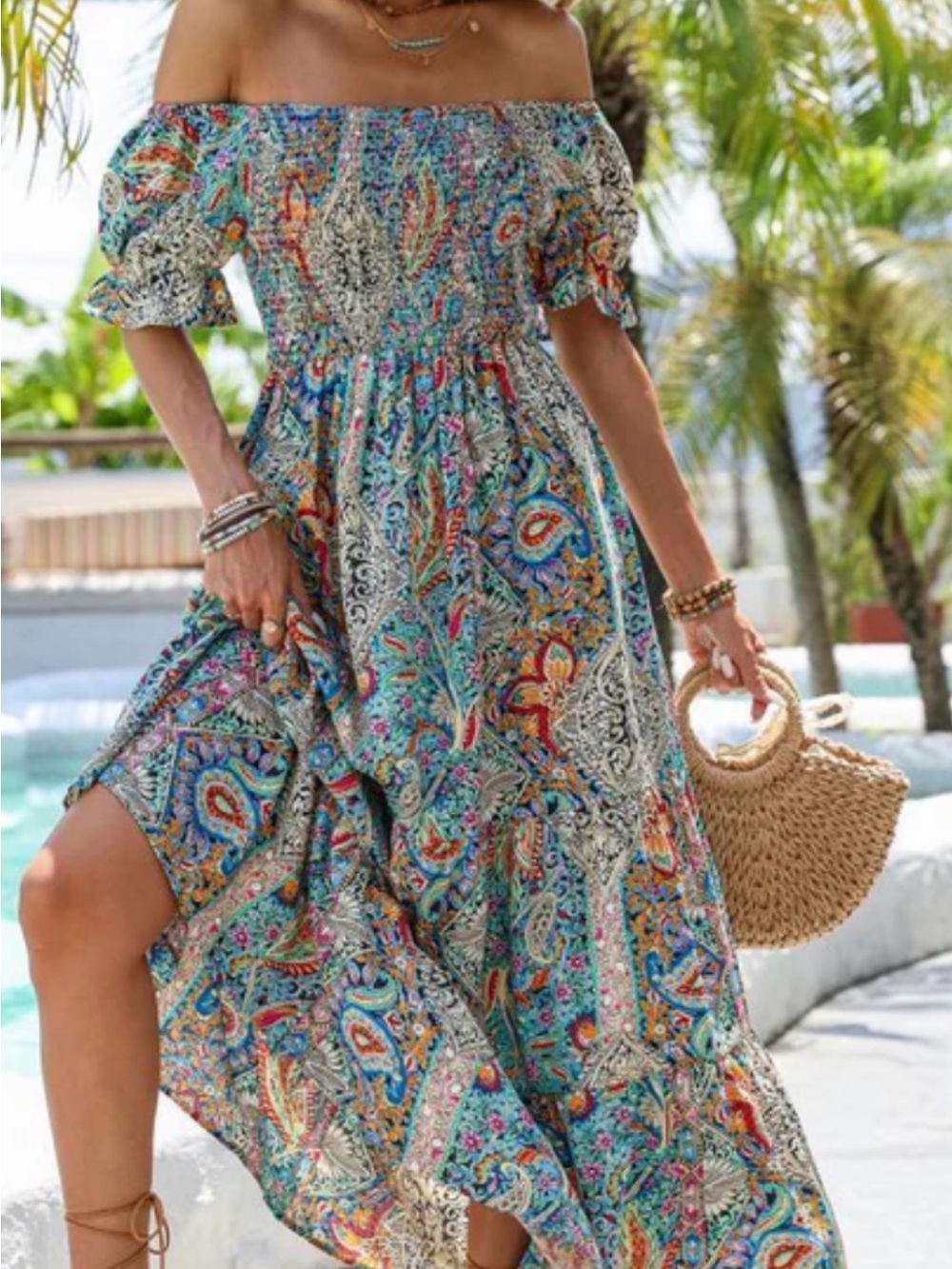 Smocked Paisley Maxi Dress in Teal, Pink & Mustard